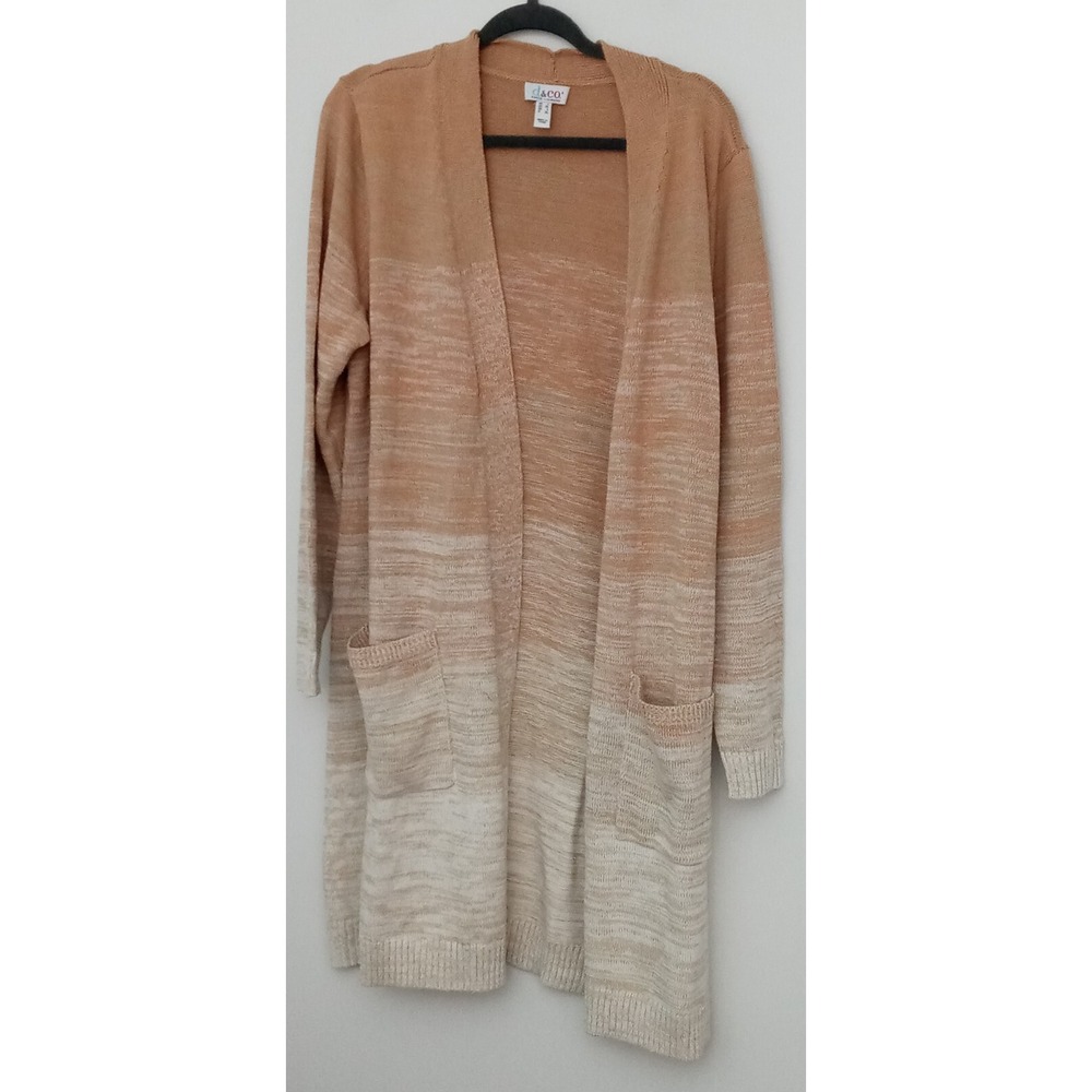 Denim & Co Cardigan Women's Size L Tan‎ Orange Ombre Sweater Pockets Duster